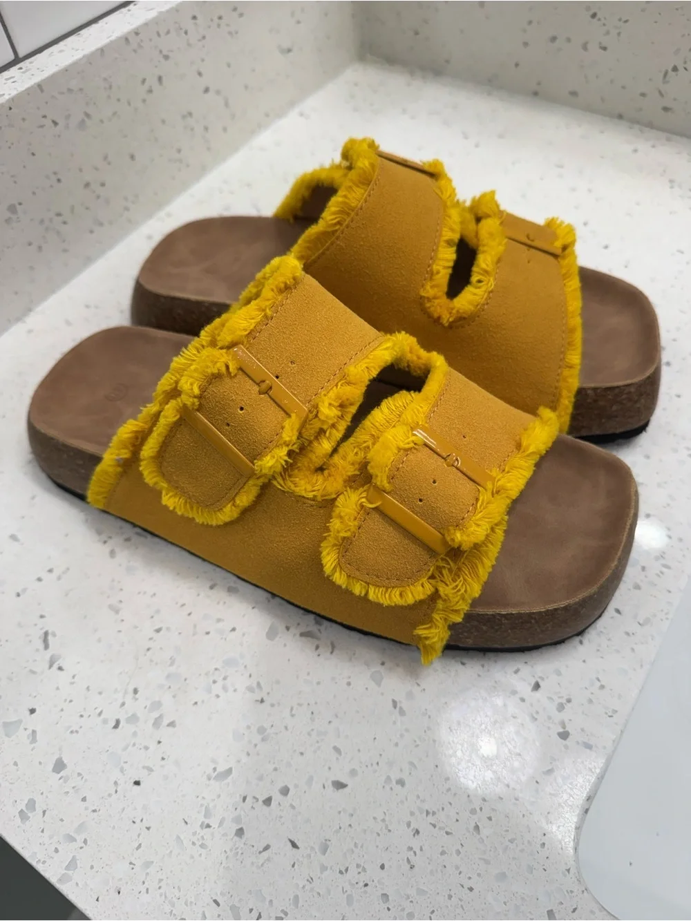 Bohemian yellow platform wedge sandals featuring a gold buckle size 8 NWOT
